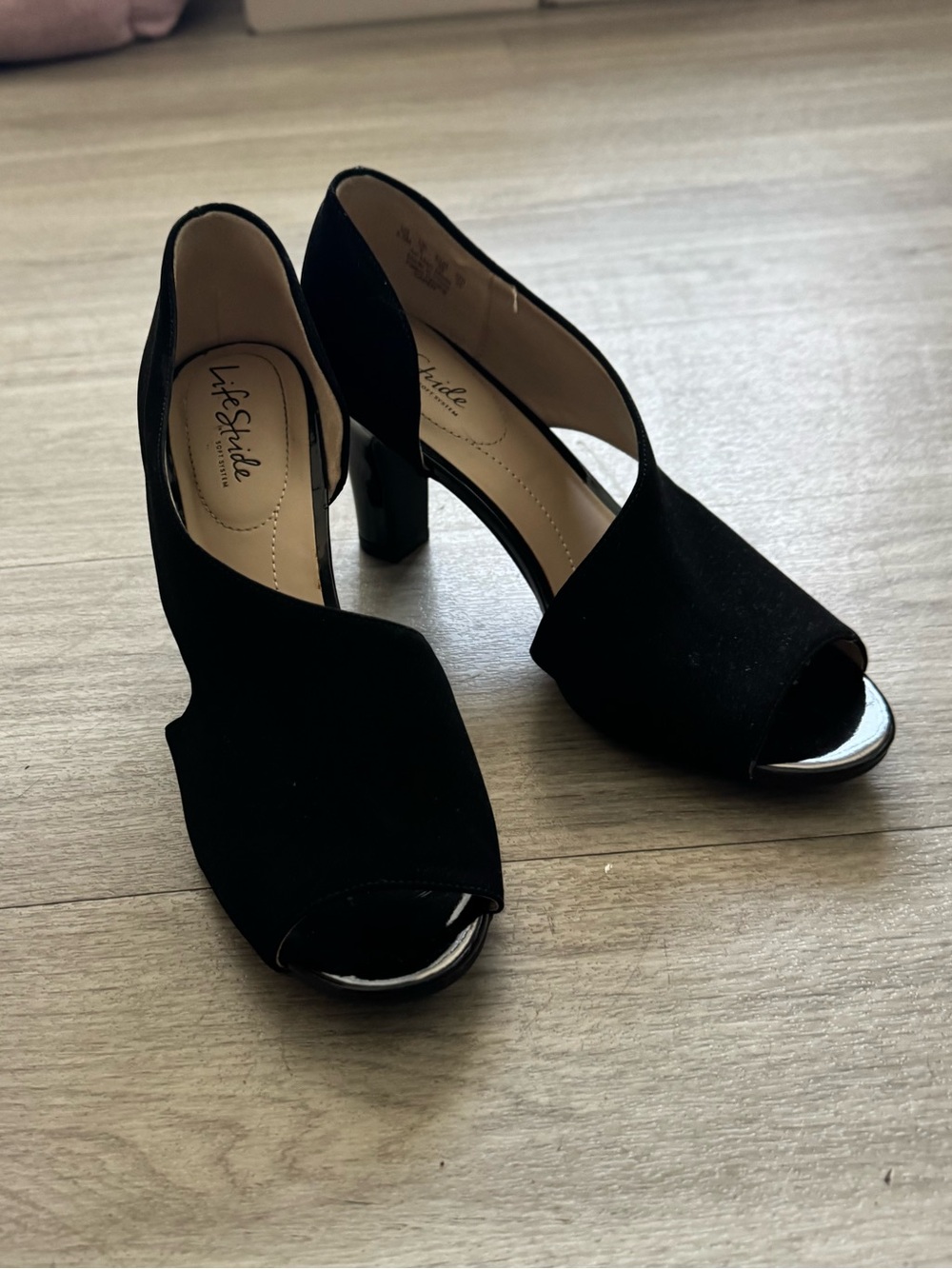 Life Stride Black Suede Peep-Toe Block Heels